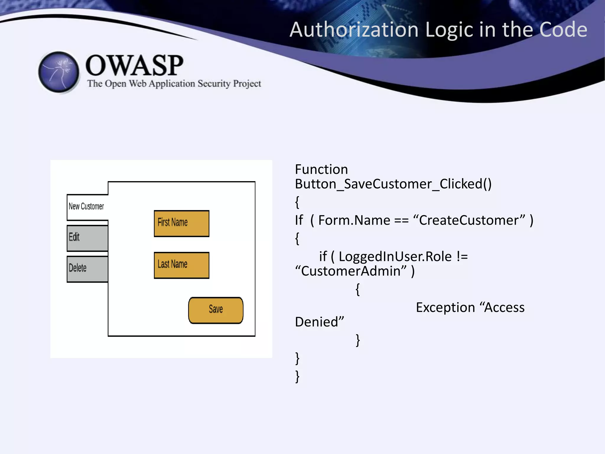Authorization Logic in the Code
Function
Button_SaveCustomer_Clicked()
{
If ( Form.Name == “CreateCustomer” )
{
if ( LoggedInUser.Role !=
“CustomerAdmin” )
{
Exception “Access
Denied”
}
}
}
 