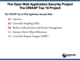 The Open Web Application Security Project
         The OWASP Top 10 Project
The OWASP Top 10 Web Application Security Risks -
   A1:   Injection
   A2:   Cross-Site Scripting (XSS)
   A3:   Broken Authentication and Session Management
   A4:   Insecure Direct Object References
   A5:   Cross-Site Request Forgery (CSRF)




                                                        OWASP   21
 