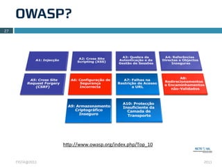 OWASP?
27




                  h3p://www.owasp.org/index.php/Top_10


     FISTA@2011                                          2011
 