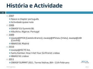 História e Actividade
30
     ¨   2007
          ¤ Nasce o chapter português
          ¤ Actividade quase nula

     ¨   2008
          ¤ OWASP EU Summit 08
          ¤ Albufeira, Algarve, Portugal

     ¨   2009
          ¤ owasp@IPCB (Castelo Branco), owasp@IPViseu (Viseu), owasp@UBI
             (Covilhã)
          ¤ IBWAS’09, Madrid

     ¨   2010
          ¤ owasp@ISCTE-IUL
          ¤ Samy Kamkar, How I met Your Girlfriend, Lisboa

          ¤ IBWAS’10, Lisboa

     ¨   2011
          ¤   OWASP SUMMIT 2011, Torres Vedras, 8th - 11th February
     FISTA@2011                                                              2011
 