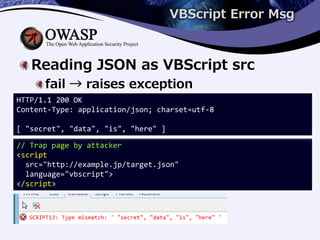 VBScript Error Msg
Reading JSON as VBScript src
fail → raises exception
// Trap page by attacker
<script
src="http://example.jp/target.json"
language="vbscript">
</script>
HTTP/1.1 200 OK
Content-Type: application/json; charset=utf-8
[ "secret", "data", "is", "here" ]
 