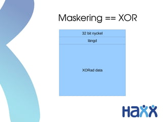 Maskering == XOR
    32 bit nyckel

       längd




    XORad data
 