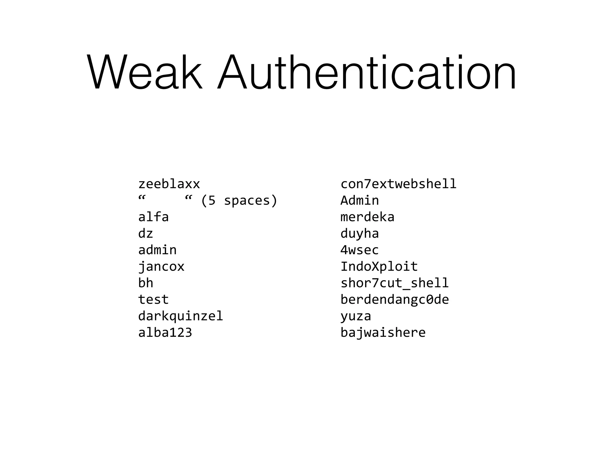 Weak Authentication
zeeblaxx con7extwebshell
“ “ (5 spaces) Admin
alfa merdeka
dz duyha
admin 4wsec
jancox IndoXploit
bh shor7cut_shell
test berdendangc0de
darkquinzel yuza
alba123 bajwaishere
 