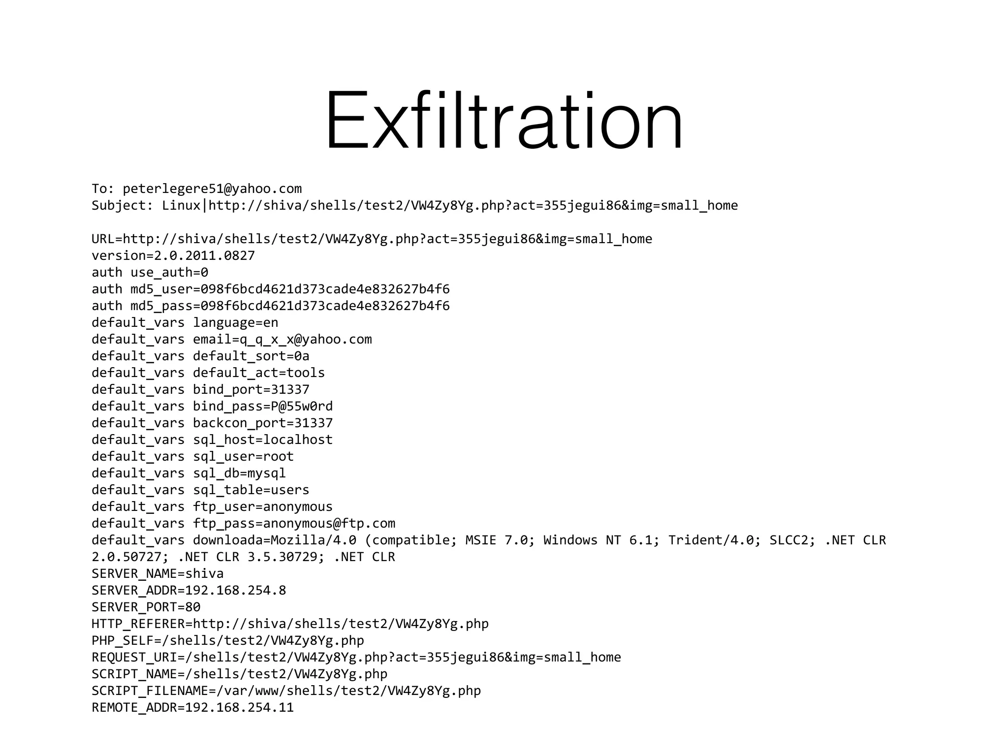 To: peterlegere51@yahoo.com 
Subject: Linux|http://shiva/shells/test2/VW4Zy8Yg.php?act=355jegui86&img=small_home 
 
URL=http://shiva/shells/test2/VW4Zy8Yg.php?act=355jegui86&img=small_home  
version=2.0.2011.0827 
auth use_auth=0 
auth md5_user=098f6bcd4621d373cade4e832627b4f6 
auth md5_pass=098f6bcd4621d373cade4e832627b4f6 
default_vars language=en 
default_vars email=q_q_x_x@yahoo.com 
default_vars default_sort=0a 
default_vars default_act=tools 
default_vars bind_port=31337 
default_vars bind_pass=P@55w0rd 
default_vars backcon_port=31337 
default_vars sql_host=localhost 
default_vars sql_user=root 
default_vars sql_db=mysql 
default_vars sql_table=users 
default_vars ftp_user=anonymous 
default_vars ftp_pass=anonymous@ftp.com 
default_vars downloada=Mozilla/4.0 (compatible; MSIE 7.0; Windows NT 6.1; Trident/4.0; SLCC2; .NET CLR 
2.0.50727; .NET CLR 3.5.30729; .NET CLR 
SERVER_NAME=shiva 
SERVER_ADDR=192.168.254.8 
SERVER_PORT=80 
HTTP_REFERER=http://shiva/shells/test2/VW4Zy8Yg.php 
PHP_SELF=/shells/test2/VW4Zy8Yg.php 
REQUEST_URI=/shells/test2/VW4Zy8Yg.php?act=355jegui86&img=small_home 
SCRIPT_NAME=/shells/test2/VW4Zy8Yg.php 
SCRIPT_FILENAME=/var/www/shells/test2/VW4Zy8Yg.php 
REMOTE_ADDR=192.168.254.11
Exﬁltration
 