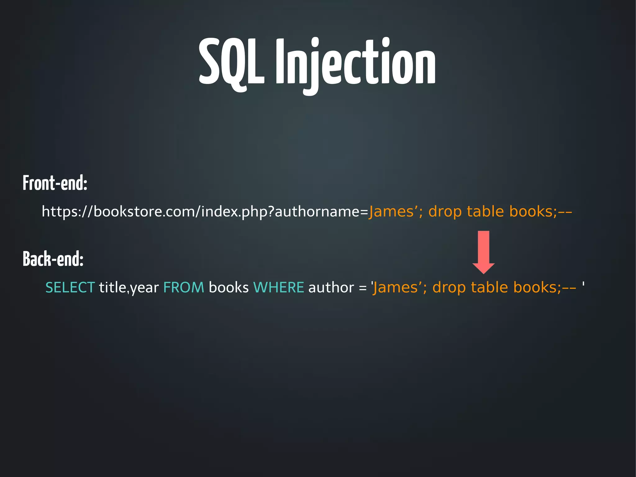 SQL Injection
Front-end:
  https://bookstore.com/index.php?authorname=James’; drop table books;––


Back-end:
   SELECT title,year FROM books WHERE author = 'James’; drop table books;–– '
 