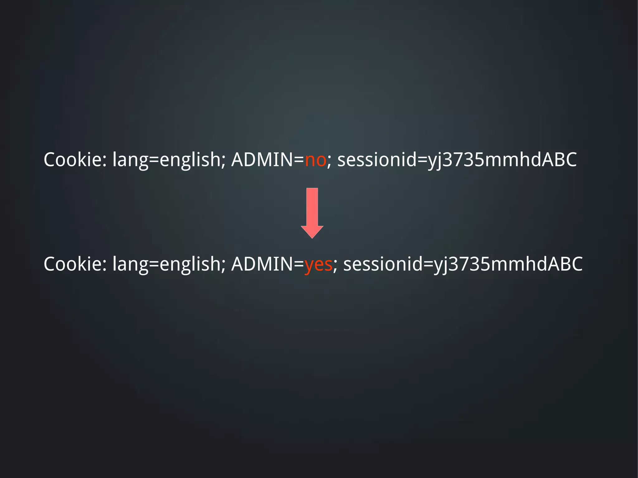Cookie: lang=english; ADMIN=no; sessionid=yj3735mmhdABC




Cookie: lang=english; ADMIN=yes; sessionid=yj3735mmhdABC
 
