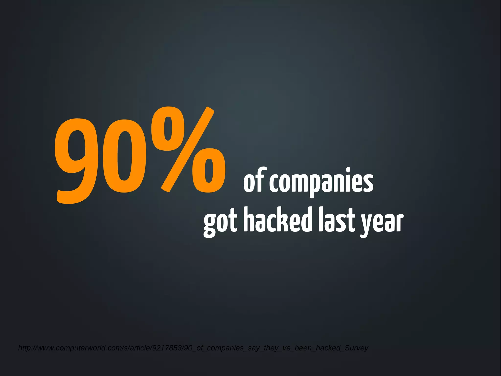 90%                                         of companies
                                                 got hacked last year


http://www.computerworld.com/s/article/9217853/90_of_companies_say_they_ve_been_hacked_Survey
 