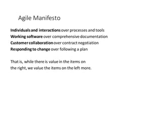 Agile	
  Manifesto
Individuals	
  and	
  interactionsover	
  processes	
  and	
  tools
Working	
  software	
  over	
  comprehensive	
  documentation
Customer	
  collaboration	
  over	
  contract	
  negotiation
Responding	
  to	
  change	
  over	
  following	
  a	
  plan
That	
  is,	
  while	
  there	
  is	
  value	
  in	
  the	
  items	
  on
the	
  right,	
  we	
  value	
  the	
  items	
  on	
  the	
  left	
  more.
 
