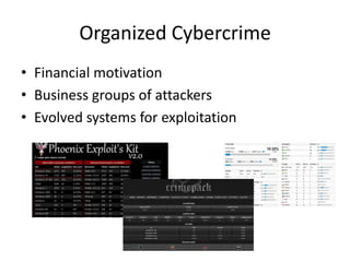 Organized Cybercrime
• Financial motivation
• Business groups of attackers
• Evolved systems for exploitation
 