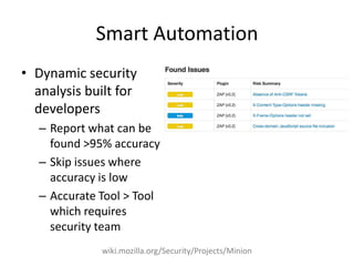 Smart Automation
• Dynamic security
analysis built for
developers
– Report what can be
found >95% accuracy
– Skip issues where
accuracy is low
– Accurate Tool > Tool
which requires
security team
wiki.mozilla.org/Security/Projects/Minion
 