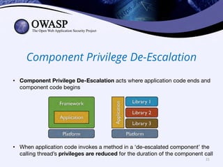 Component Privilege De-Escalation
• Component Privilege De-Escalation acts where application code ends and
component code begins
• When application code invokes a method in a ‘de-escalated component’ the
calling thread’s privileges are reduced for the duration of the component call
21
 