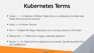 Kubernetes Terms
• Cluster = > A Collection of Worker Nodes (that run workloads) and a Kubernetes
Master (that controls the workers)
• Node => A Worker Machine
• Pod => Smallest K8s Object. Represents set of running containers in the cluster
• Deployment => Object that manages a replicated application.
• Service => An Object that how applications are accessed. Typically described Ports
and LoadBalancers
Copyright - we45, 2020
 