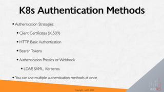 K8s Authentication Methods
•Authentication Strategies:
•Client Certificates (X.509)
•HTTP Basic Authentication
•Bearer Tokens
•Authentication Proxies or Webhook
•LDAP, SAML, Kerberos
•You can use multiple authentication methods at once
Copyright - we45, 2020
 