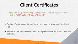 Client Certificates
• Certificate Signing request for user “abhay” who is part of two groups, “app1” and
“app2”
• You can also use comprehensive secrets management system like Hashicorp Vault to
be the CA
Copyright - we45, 2020
openssl req -new -key abhay.pem -out abhay-csr.pem
-subj “/CN=abhay/O=app1/O=app2"
 