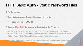 HTTP Basic Auth - Static Password Files
• Similar to tokens
• Inject Static password files into K8s cluster with the flag
• --basic-auth-file=SOMEFILE
• Password CANNOT be changed without starting the API Server
Copyright - we45, 2020
minikube mount $PWD:/var/lib/localkube/certs/pass
minikube start --extra-config=apiserver.basic-auth-
file=/var/lib/localkube/certs/pass/mypass
Authorization: Basic Base64Encoded(username:password)
 