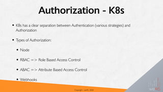Authorization - K8s
• K8s has a clear separation between Authentication (various strategies) and
Authorization
• Types of Authorization:
• Node
• RBAC => Role Based Access Control
• ABAC => Attribute Based Access Control
• Webhooks
Copyright - we45, 2020
 