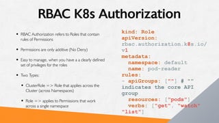 RBAC K8s Authorization
• RBAC Authorization refers to Roles that contain
rules of Permissions
• Permissions are only additive (No Deny)
• Easy to manage, when you have a a clearly defined
set of privileges for the roles
• Two Types:
• ClusterRole => Role that applies across the
Cluster (across Namespaces)
• Role => applies to Permissions that work
across a single namespace
kind: Role
apiVersion:
rbac.authorization.k8s.io/
v1
metadata:
namespace: default
name: pod-reader
rules:
- apiGroups: [""] # ""
indicates the core API
group
resources: ["pods"]
verbs: ["get", "watch",
"list"]
 