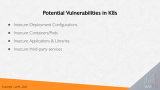 Potential Vulnerabilities in K8s
● Insecure Deployment Configurations
● Insecure Containers/Pods
● Insecure Applications & Libraries
● Insecure third-party services
Copyright - we45, 2020
 