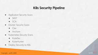 K8s Security Pipeline
● Application Security Scans
● SAST
● SCA
● Docker Security Scans
● Clair
● Anchore
● Kubernetes Security Scans
● KubeSec
● KubeHunter
● Deploy Securely to K8s
Copyright - we45, 2020
 