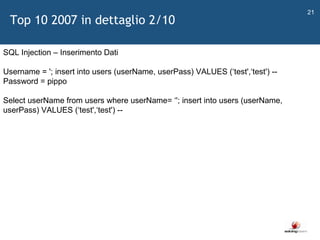   SQL Injection – Inserimento Dati Username = '; insert into users (userName, userPass) VALUES ( ‘ test', ‘ test') -- Password = pippo  Select userName from users where userName=  ‘ '; insert into users (userName, userPass) VALUES ( ‘ test', ‘ test') --  Top 10 2007 in dettaglio 2/10 
