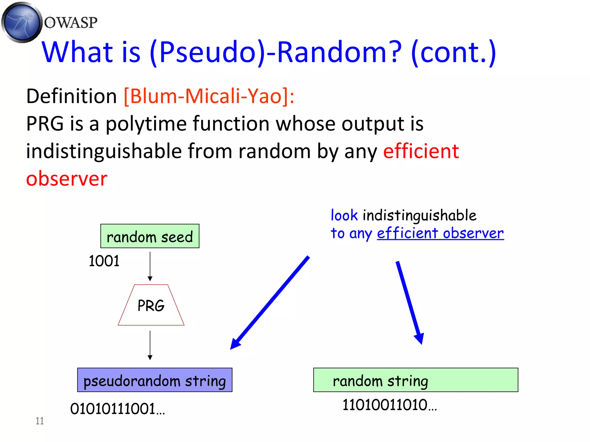 11
What is (Pseudo)-Random? (cont.)
PRG
random seed
pseudorandom string random string
look indistinguishable
to any efficient observer
Definition [Blum-Micali-Yao]:
PRG is a polytime function whose output is
indistinguishable from random by any efficient
observer
01010111001… 11010011010…
1001
 