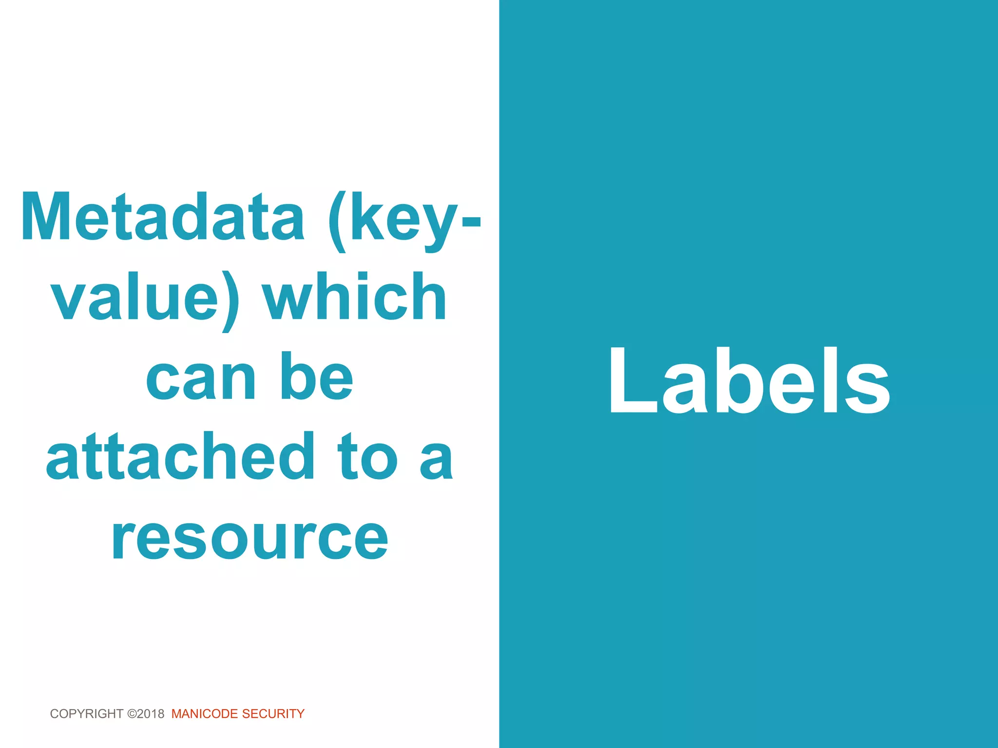 COPYRIGHT ©2018 MANICODE SECURITY
Metadata (key-
value) which
can be
attached to a
resource
Labels
 