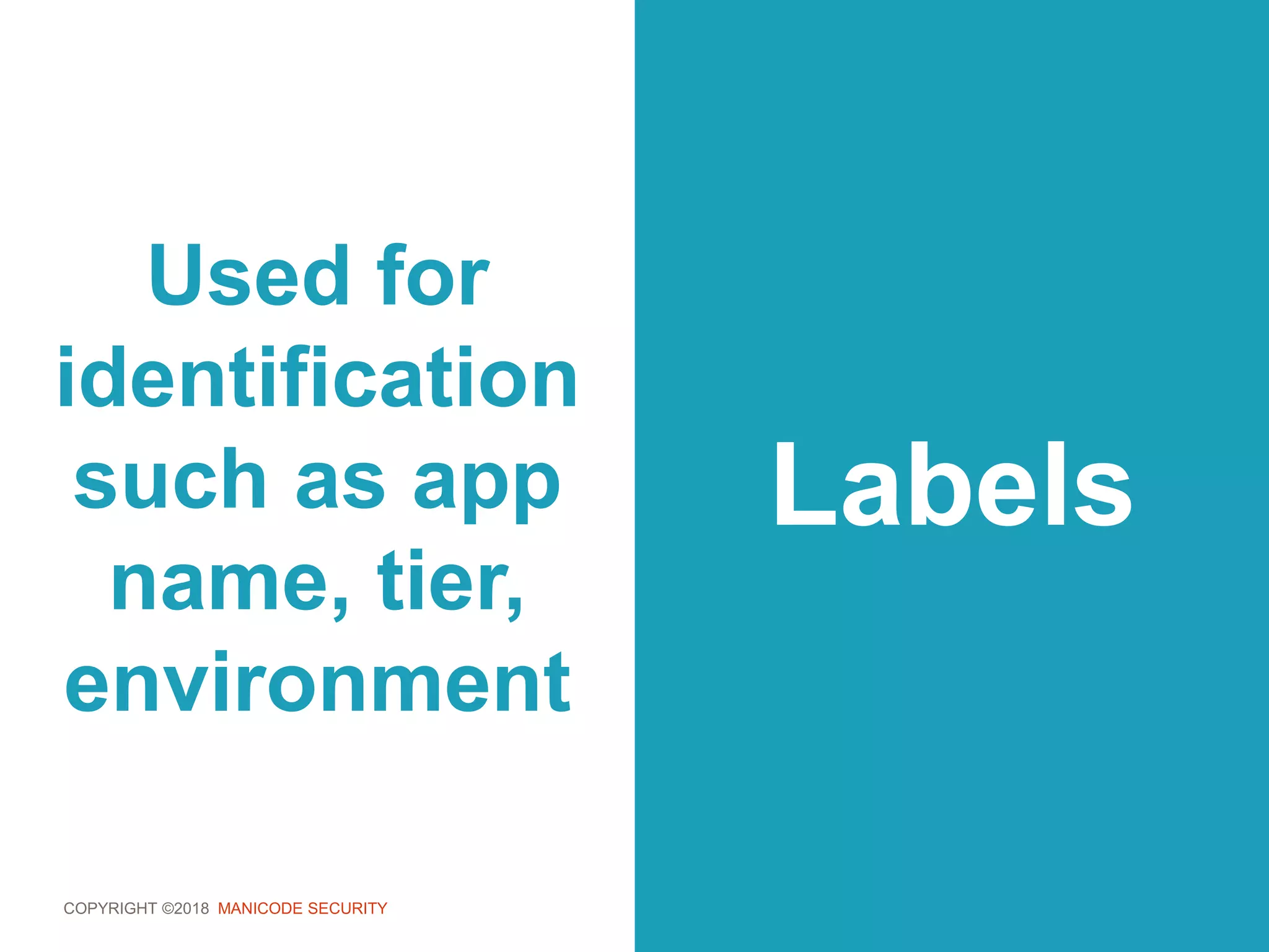 COPYRIGHT ©2018 MANICODE SECURITY
Used for
identification
such as app
name, tier,
environment
Labels
 
