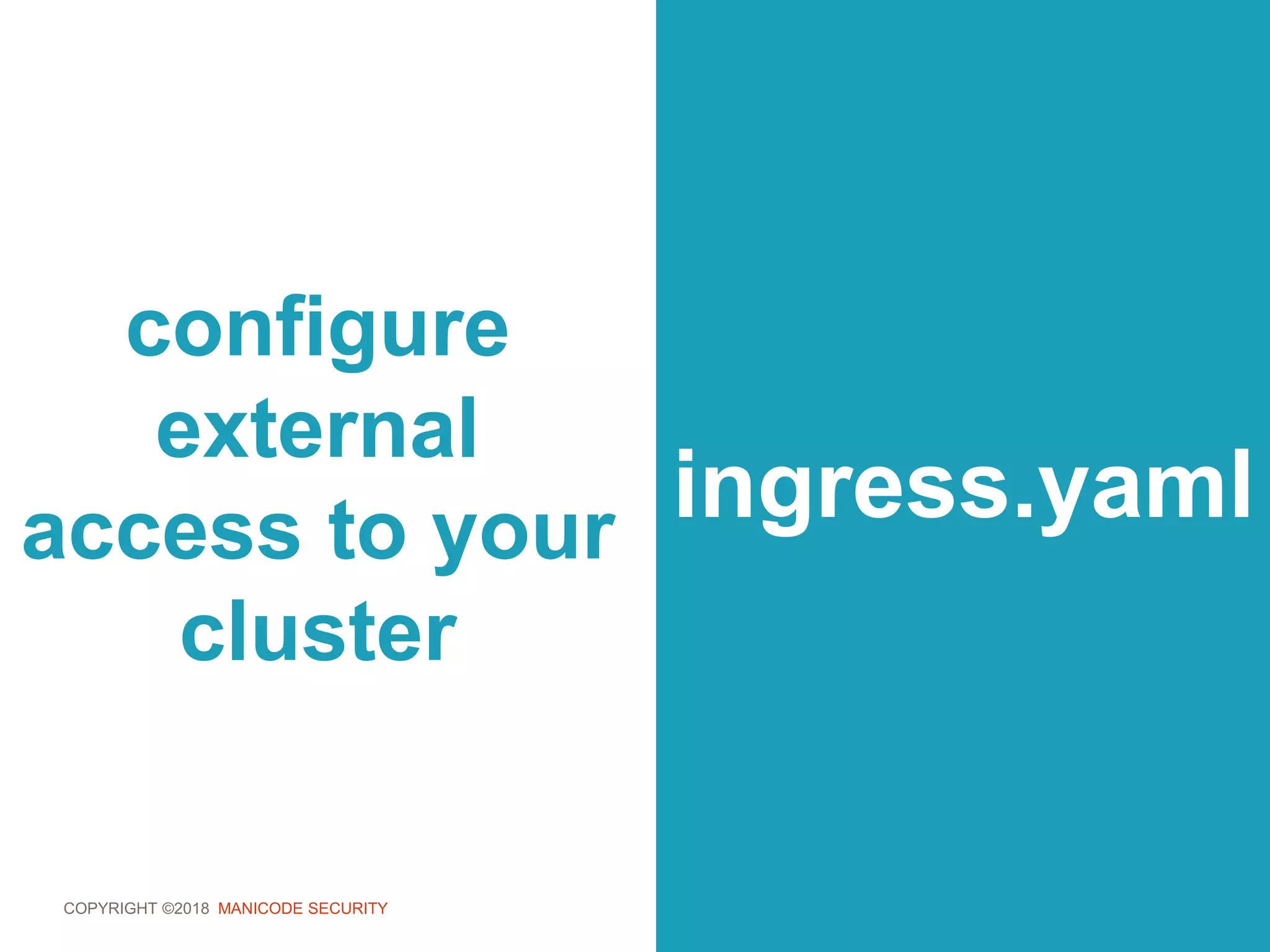 COPYRIGHT ©2018 MANICODE SECURITY
configure
external
access to your
cluster
ingress.yaml
 