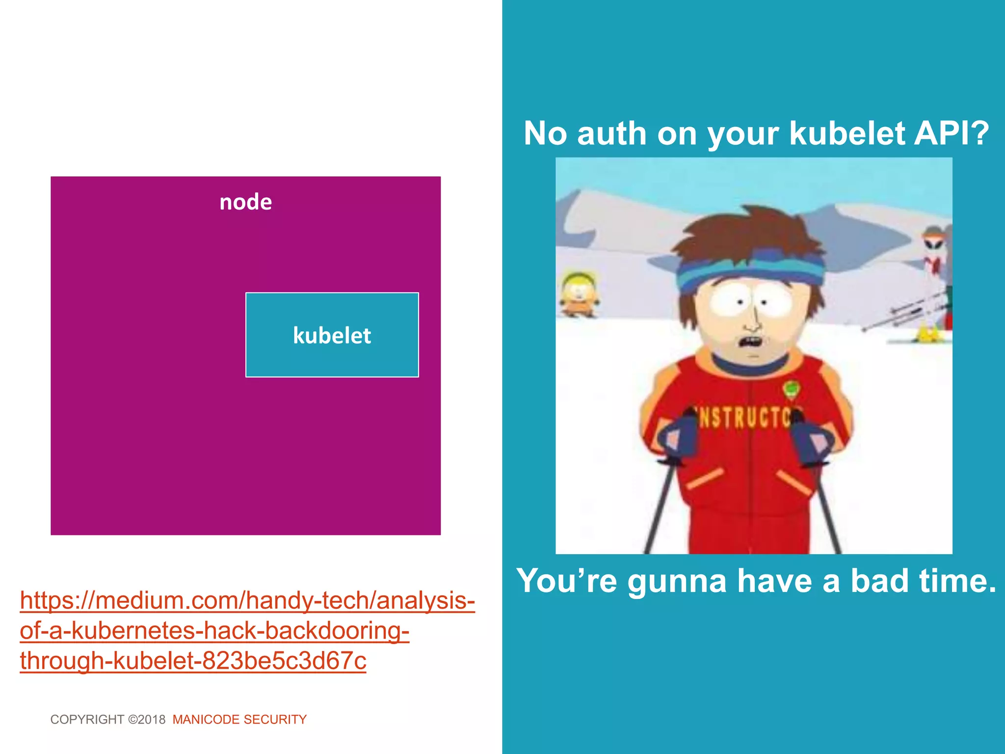 COPYRIGHT ©2018 MANICODE SECURITY
node
node
kubelet
No auth on your kubelet API?
You’re gunna have a bad time.https://medium.com/handy-tech/analysis-
of-a-kubernetes-hack-backdooring-
through-kubelet-823be5c3d67c
 