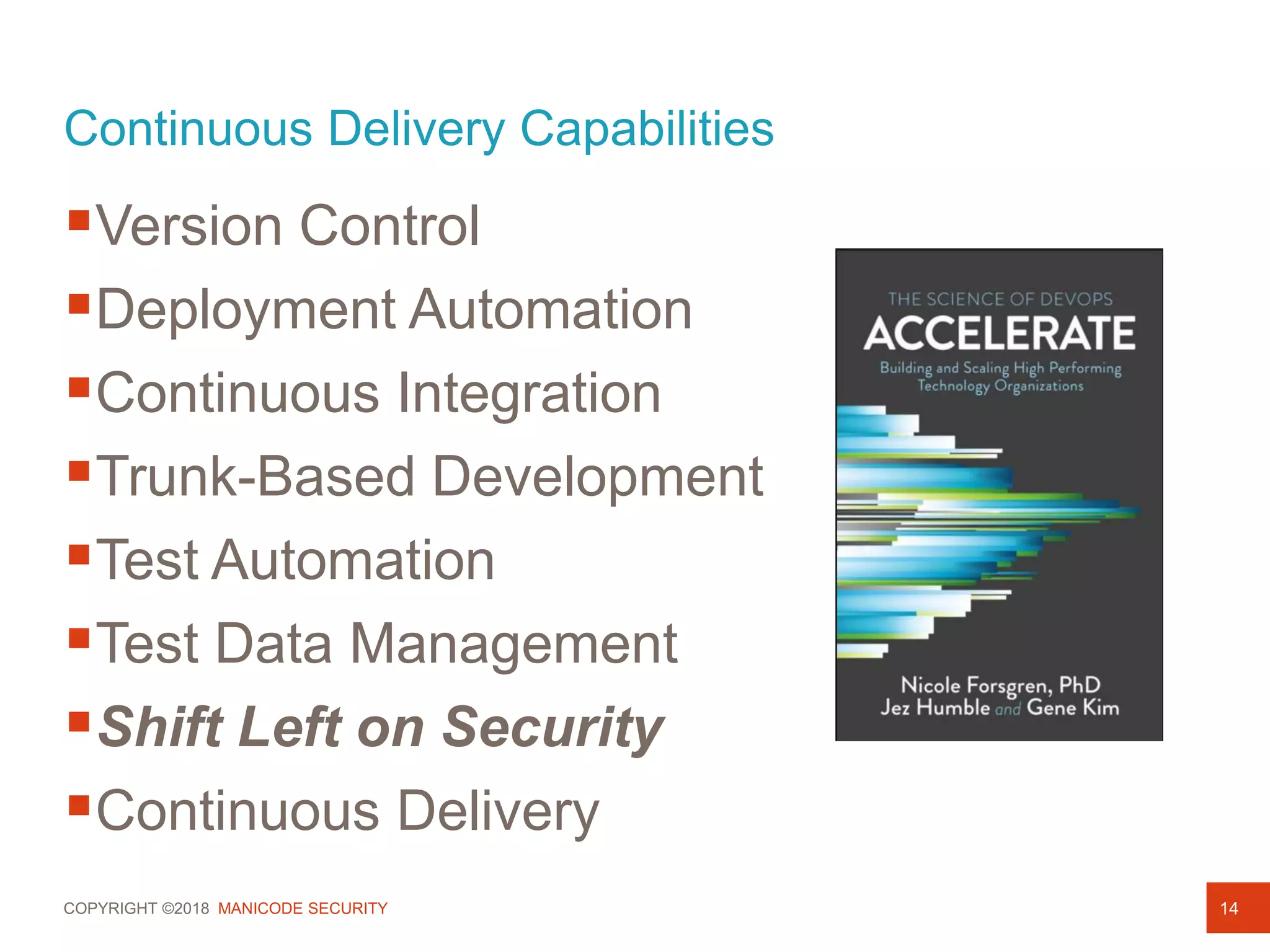 COPYRIGHT ©2018 MANICODE SECURITY
Continuous Delivery Capabilities
Version Control
Deployment Automation
Continuous Integration
Trunk-Based Development
Test Automation
Test Data Management
Shift Left on Security
Continuous Delivery
14
 