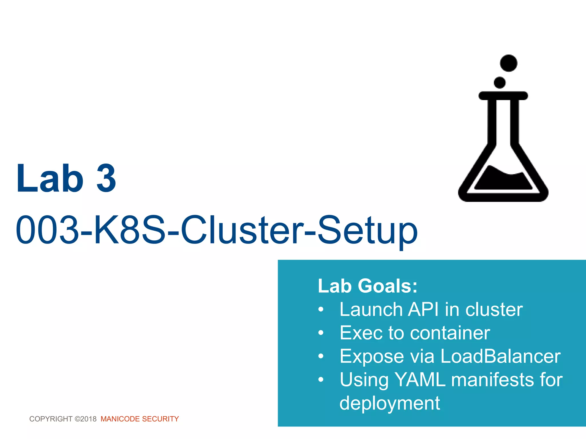 COPYRIGHT ©2018 MANICODE SECURITY
Lab 3
003-K8S-Cluster-Setup
Lab Goals:
• Launch API in cluster
• Exec to container
• Expose via LoadBalancer
• Using YAML manifests for
deployment
 