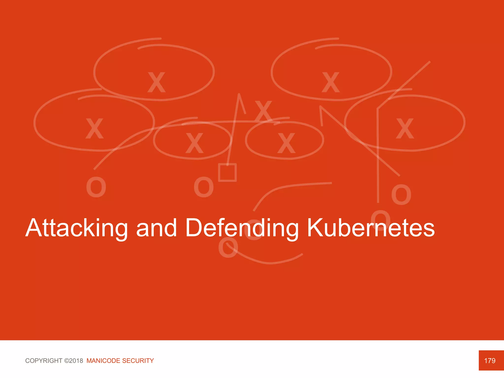 COPYRIGHT ©2018 MANICODE SECURITY
Attacking and Defending Kubernetes
179
 