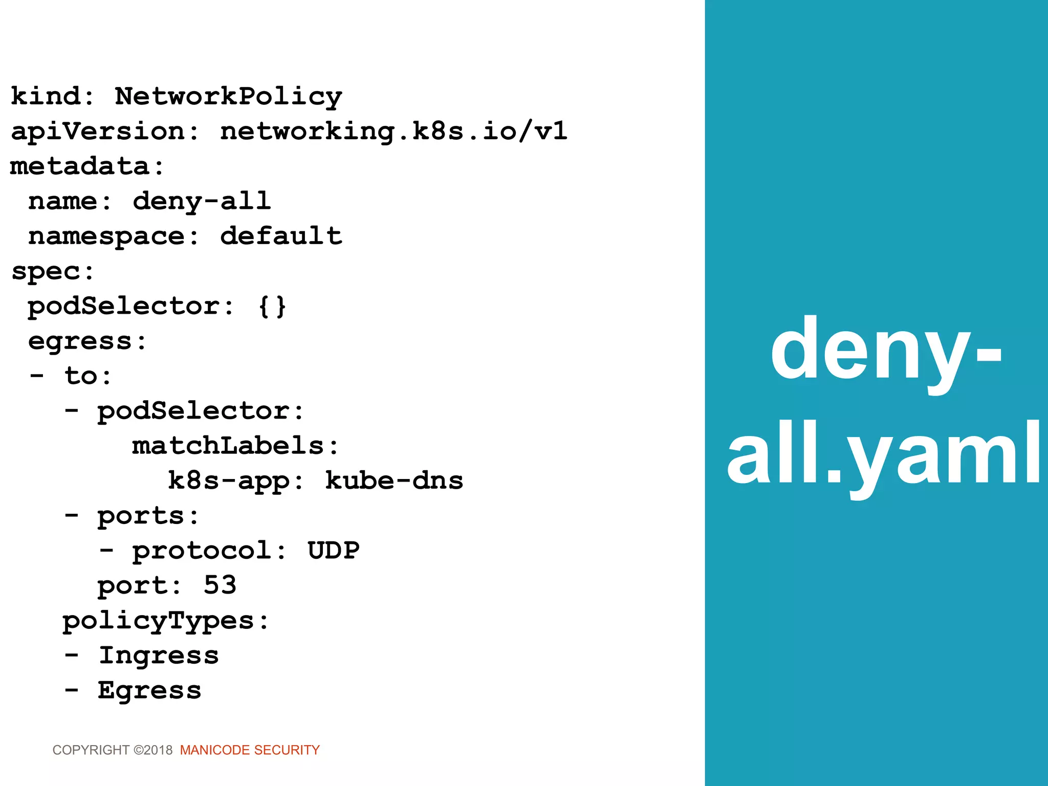 COPYRIGHT ©2018 MANICODE SECURITY
deny-
all.yaml
kind: NetworkPolicy
apiVersion: networking.k8s.io/v1
metadata:
name: deny-all
namespace: default
spec:
podSelector: {}
egress:
- to:
- podSelector:
matchLabels:
k8s-app: kube-dns
- ports:
- protocol: UDP
port: 53
policyTypes:
- Ingress
- Egress
 