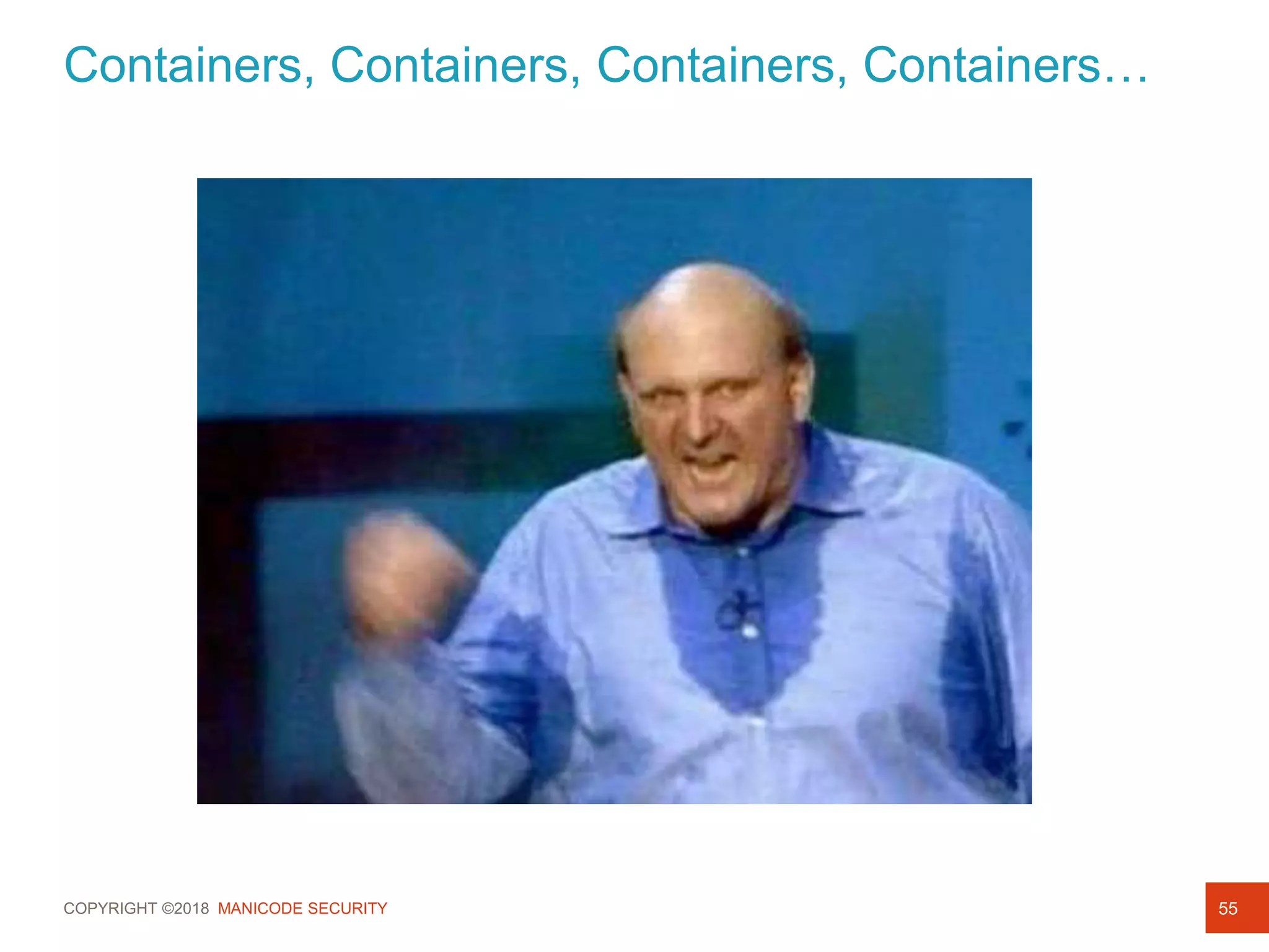 COPYRIGHT ©2018 MANICODE SECURITY
Containers, Containers, Containers, Containers…
55
 