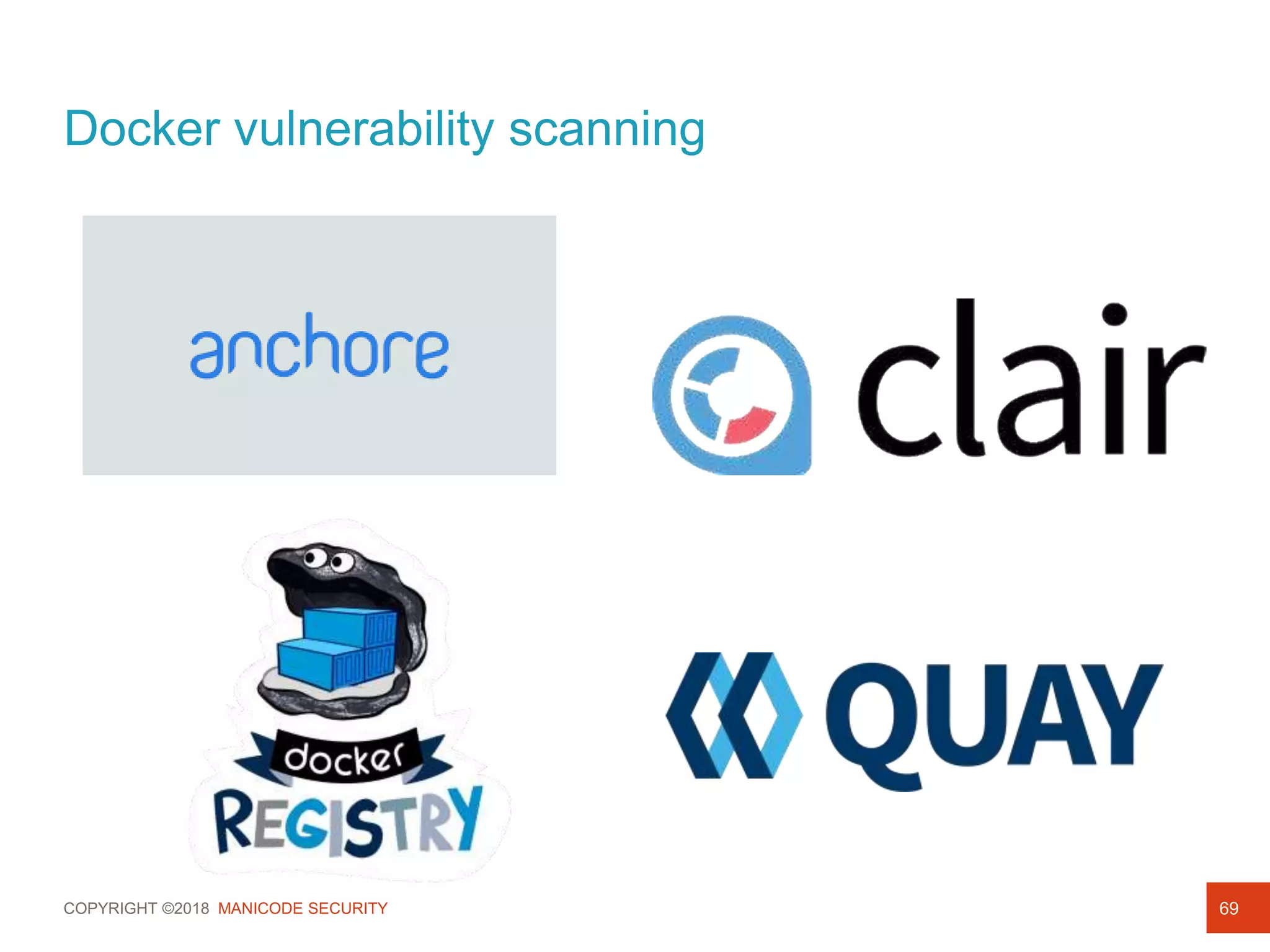 COPYRIGHT ©2018 MANICODE SECURITY
Docker vulnerability scanning
69
 