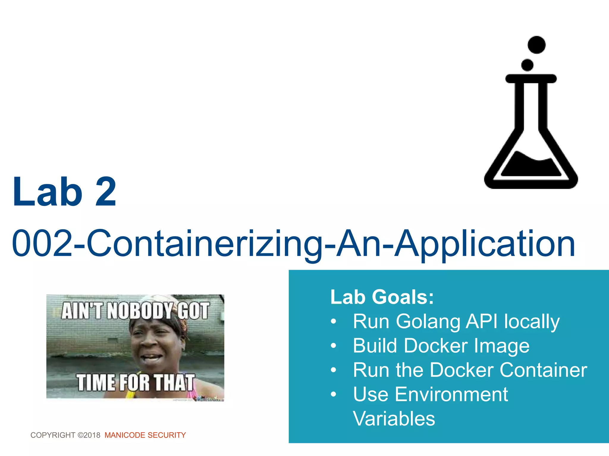 COPYRIGHT ©2018 MANICODE SECURITY
Lab 2
002-Containerizing-An-Application
Lab Goals:
• Run Golang API locally
• Build Docker Image
• Run the Docker Container
• Use Environment
Variables
 
