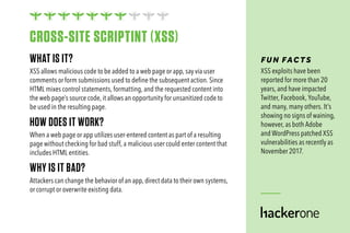 WHAT IS IT?
XSS allows malicious code to be added to a web page or app, say via user
comments or form submissions used to define the subsequent action. Since
HTML mixes control statements, formatting, and the requested content into
the web page’s source code, it allows an opportunity for unsanitized code to
be used in the resulting page.
HOW DOES IT WORK?
When a web page or app utilizes user-entered content as part of a resulting
page without checking for bad stuff, a malicious user could enter content that
includes HTML entities.
WHY IS IT BAD?
Attackers can change the behavior of an app, direct data to their own systems,
or corrupt or overwrite existing data.
FUN FAC TS
XSS exploits have been
reported for more than 20
years, and have impacted
Twitter, Facebook, YouTube,
and many, many others. It’s
showing no signs of waining,
however, as both Adobe
and WordPress patched XSS
vulnerabilities as recently as
November 2017.
CROSS-SITE SCRIPTINT (XSS)
 