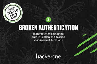 BROKEN AUTHENTICATION
Incorrectly implemented
authentication and session
management functions
2
 
