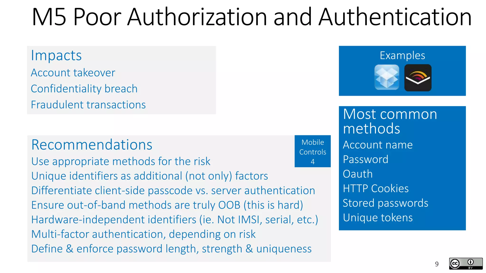 9
M5 Poor Authorization and Authentication
ExamplesImpacts
Account takeover
Confidentiality breach
Fraudulent transactions
Recommendations
Use appropriate methods for the risk
Unique identifiers as additional (not only) factors
Differentiate client-side passcode vs. server authentication
Ensure out-of-band methods are truly OOB (this is hard)
Hardware-independent identifiers (ie. Not IMSI, serial, etc.)
Multi-factor authentication, depending on risk
Define & enforce password length, strength & uniqueness
Most common
methods
Account name
Password
Oauth
HTTP Cookies
Stored passwords
Unique tokens
Mobile
Controls
4
 
