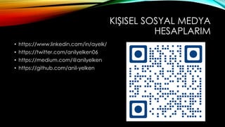 KIŞISEL SOSYAL MEDYA
HESAPLARIM
• https://www.linkedin.com/in/ayelk/
• https://twitter.com/anilyelken06
• https://medium.com/@anilyelken
• https://github.com/anil-yelken
 