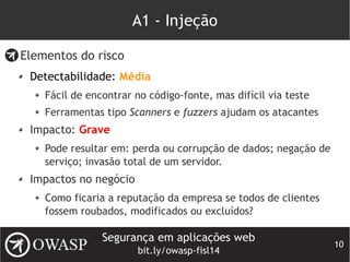 Segurança em aplicações web
bit.ly/owasp-fisl14
10
A1 - Injeção
Elementos do risco
Detectabilidade: Média
Fácil de encontrar no código-fonte, mas difícil via teste
Ferramentas tipo Scanners e fuzzers ajudam os atacantes
Impacto: Grave
Pode resultar em: perda ou corrupção de dados; negação de
serviço; invasão total de um servidor.
Impactos no negócio
Como ficaria a reputação da empresa se todos de clientes
fossem roubados, modificados ou excluídos?
 