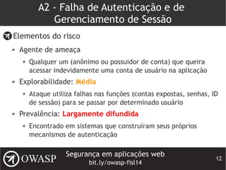Segurança em aplicações web
bit.ly/owasp-fisl14
12
A2 - Falha de Autenticação e de
Gerenciamento de Sessão
Elementos do risco
Agente de ameaça
Qualquer um (anônimo ou possuidor de conta) que queira
acessar indevidamente uma conta de usuário na aplicação
Explorabilidade: Média
Ataque utiliza falhas nas funções (contas expostas, senhas, ID
de sessão) para se passar por determinado usuário
Prevalência: Largamente difundida
Encontrado em sistemas que construíram seus próprios
mecanismos de autenticação
 