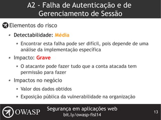 Segurança em aplicações web
bit.ly/owasp-fisl14
13
A2 - Falha de Autenticação e de
Gerenciamento de Sessão
Elementos do risco
Detectabilidade: Média
Encontrar esta falha pode ser difícil, pois depende de uma
análise da implementação específica
Impacto: Grave
O atacante pode fazer tudo que a conta atacada tem
permissão para fazer
Impactos no negócio
Valor dos dados obtidos
Exposição pública da vulnerabilidade na organização
 