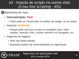 Segurança em aplicações web
bit.ly/owasp-fisl14
16
A3 - Injeção de scripts via outros sites
(Cross-Site Scripting - XSS)
Elementos do risco
Detectabilidade: Fácil
Falha pode ser encontrada via análise de código, ou via testes
Impacto: Moderado
Ataque pode executar scripts no navegador para: obter
sessões, manchar sites, instalar malware no navegador, etc.
Impactos no negócio
Valor dos dados obtidos
Exposição pública da vulnerabilidade na organização
 