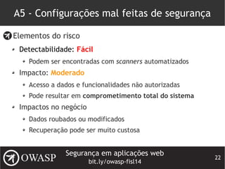 Segurança em aplicações web
bit.ly/owasp-fisl14
22
A5 - Configurações mal feitas de segurança
Elementos do risco
Detectabilidade: Fácil
Podem ser encontradas com scanners automatizados
Impacto: Moderado
Acesso a dados e funcionalidades não autorizadas
Pode resultar em comprometimento total do sistema
Impactos no negócio
Dados roubados ou modificados
Recuperação pode ser muito custosa
 