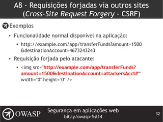 Segurança em aplicações web
bit.ly/owasp-fisl14
32
A8 - Requisições forjadas via outros sites
(Cross-Site Request Forgery - CSRF)
Exemplos
Funcionalidade normal disponível na aplicação:
http://example.com/app/transferFunds?amount=1500
&destinationAccount=4673243243
Requisição forjada pelo atacante:
<img src="http://example.com/app/transferFunds?
amount=1500&destinationAccount=attackersAcct#“
width="0" height="0" />
 