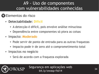 Segurança em aplicações web
bit.ly/owasp-fisl14
34
A9 - Uso de componentes
com vulnerabilidades conhecidas
Elementos do risco
Detectabilidade: Difícil
A detecção é difícil, pois envolve análise minuciosa
Dependência entre componentes só piora as coisas
Impacto: Moderado
Pode servir de ponto de entrada para as outras fraquezas
Impacto pode ir de zero até o comprometimento total
Impactos no negócio
Será de acordo com a fraqueza explorada
 